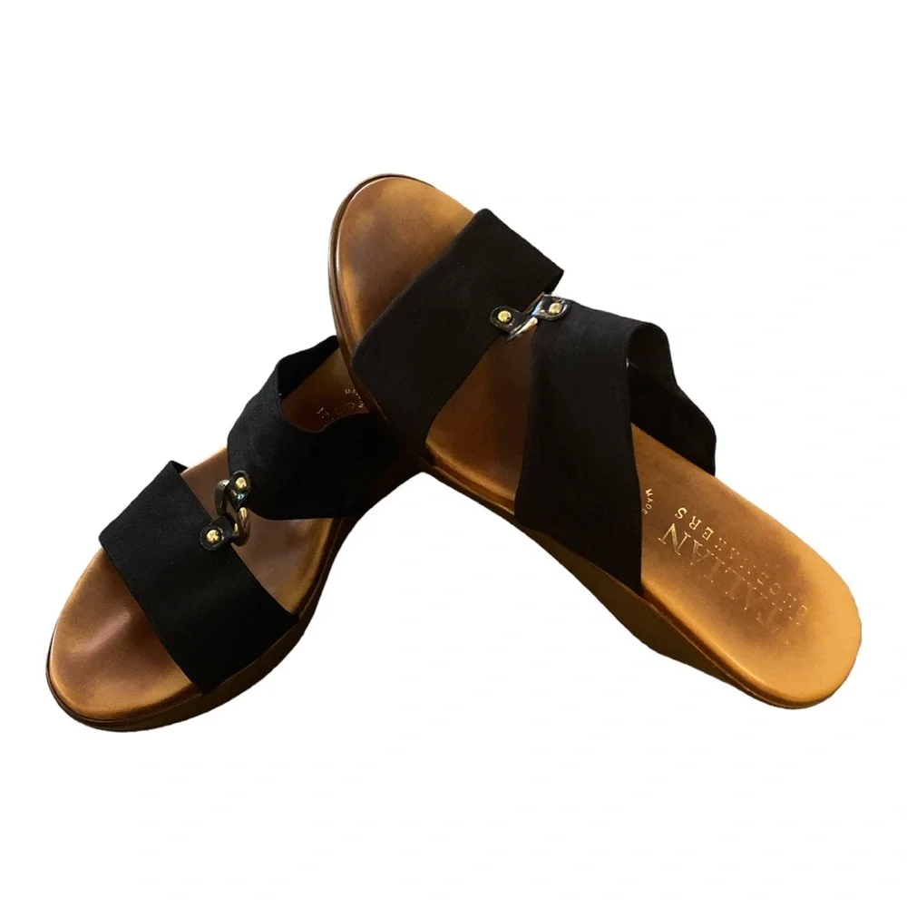 Italian Shoemakers Black Nylon Brass And Leather Wedge Sandal Womens Size 9 - Picture 2 of 15